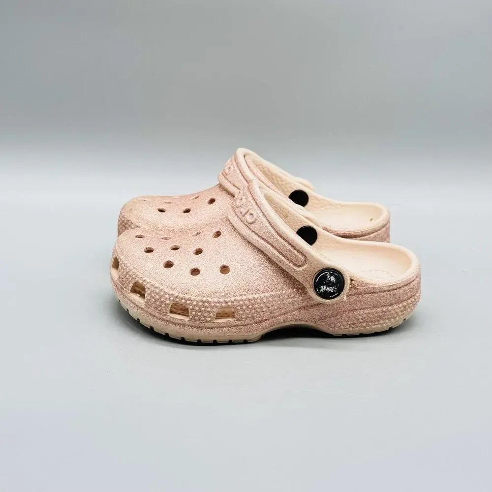 Crocs Shoes Girls 8 Pink Glitter Classic Clog Slip On Sandals Lightweight Casual